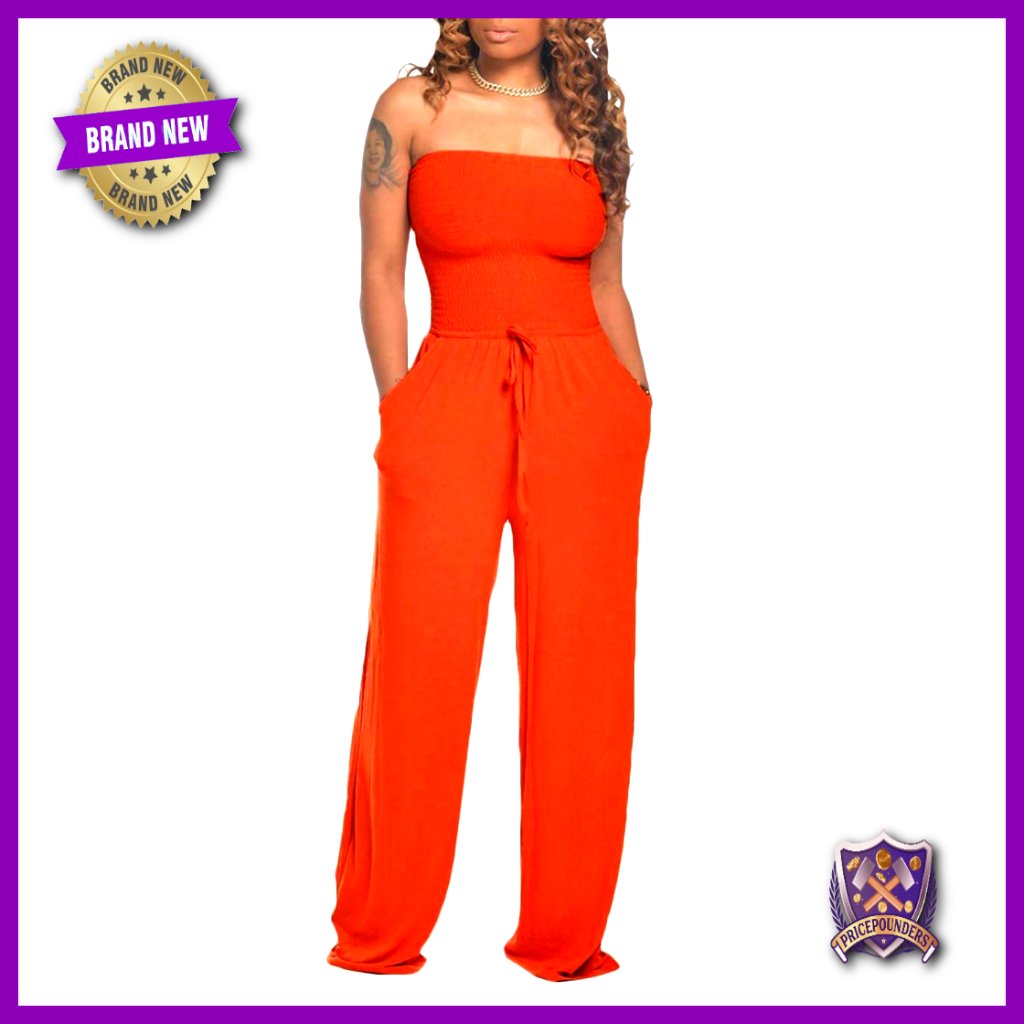 Strapless Wide Leg Jumpsuit With Pockets, Mixed Material